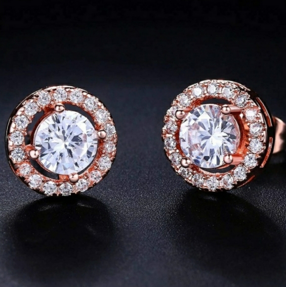 Jewelry - NEW Sparkling Rose Gold CZ Diamond Halo Earrings